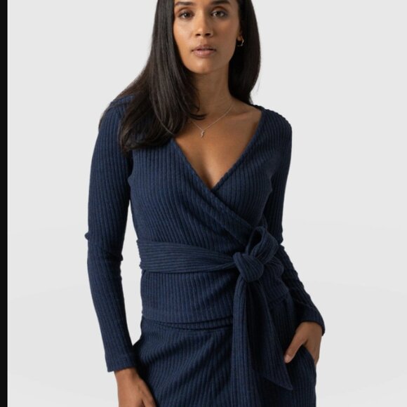 Saint and Sofia Sweaters - Saint and Sofia Victory Rib Top navy blue faux wrap belted ribbed sweater